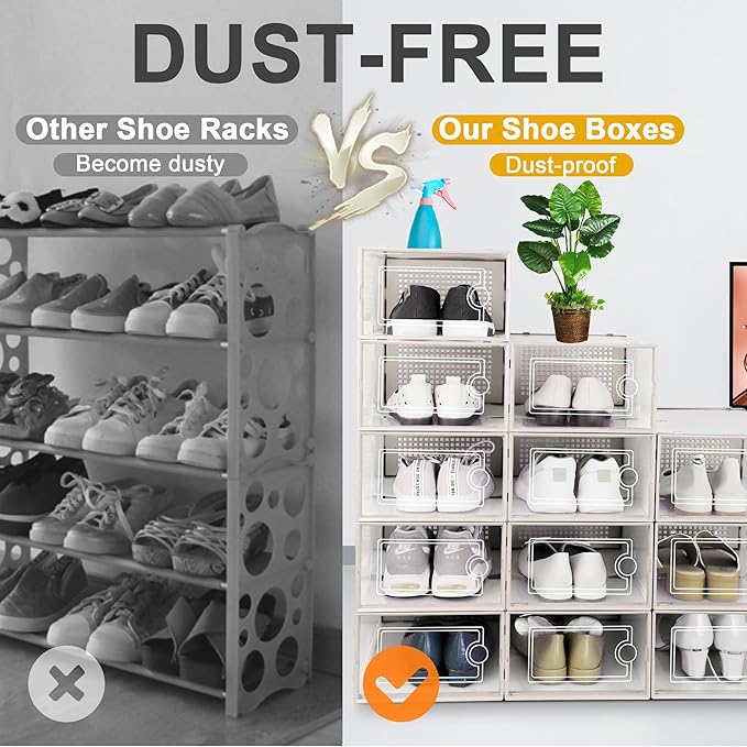 Kuject Large Shoe Organizers Storage Boxes for Closet, 12 Pack Clear Plastic Stackable Storage Bins with Lids, Under Bed Shoe