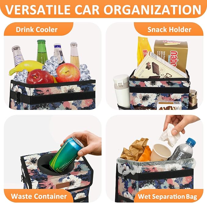 Car Trash Can for Car Cute, Trash Bag Bin Hanging Waterproof Automotive Garbage Cans Leak Proof Vehicle Trash Can Painting Floral