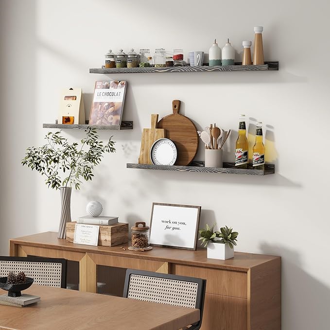 Picture Ledge Wall Shelves 56 Inches Width Set of 3, Solid Pine Wood Rustic Floating Ledge for Kids' Room Bedroom Kitchen Bat