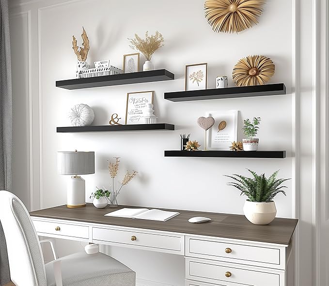 PHPH 24 Inch Wood Floating Shelves for Wall, Wooden Wall Shelves for Bedroom, Set of 6 Black