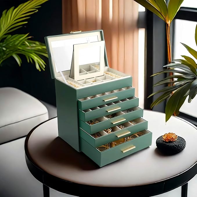 BOOVO Jewelry Box for Women, Green 6 Layer Large Jewelry Organizer with Glass Lid for Necklace, Bracelet, Earrings Storage, J