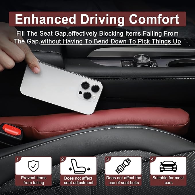 UREHEPO 2 pcs Leather Car Seat Gap Filler Organizer, Interior Car Accessories to Stop Things from Dropping for Car SUV Truck Camper, Fill The Gap Between Seat and Console - Wine Red