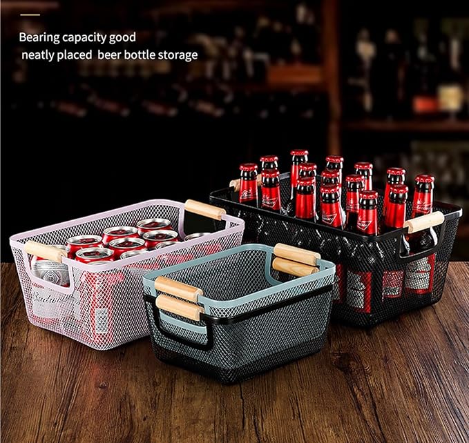 AJIODA Metal Mesh Steel Basket, Medium Wire Storage Organizer Basket Multi-function Hanging Kitchen Basket with Wood Handle f