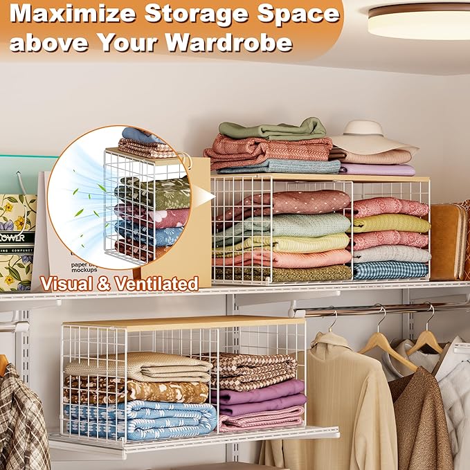 2 Pack Stackable Closet Organizers and Storage, 4 Cube Closet Shelves with Wood Top Board for Extra Clothes Storage, Small Me
