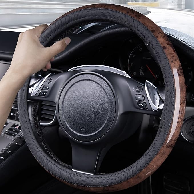 CAR PASS Wood Grain Microfiber Leather Steering Wheel Cover, Universal Fit for 14 1/2-15 inch Black Steering Wheel, Anti-Skip