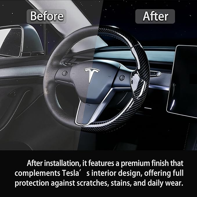 Carbon Fiber Steering Wheel Cover for Tesla Model 3 2017-2023 & Model Y 2020-2024, Anti-Slip Wear-Resistant High Temperature Resistant (Sheen Black)
