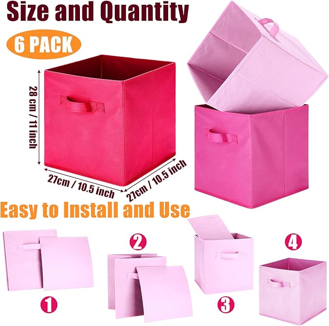 Karenhi 11" x 10. 5" x 10. 5" Pink Storage Cube, 6 Pack Fabric Cube Storage Bins Organizer Box, Collapsible Baskets with Hand