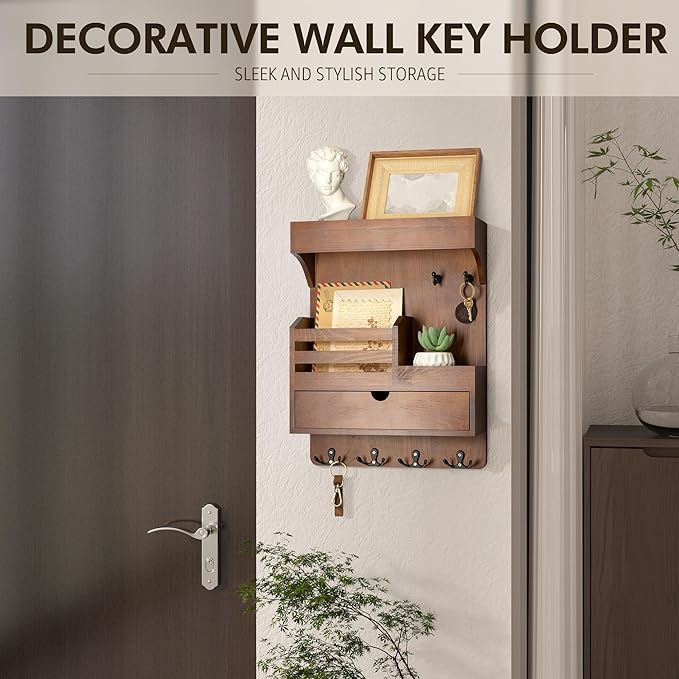 Rebee Vision Farmhouse Key Holder Wall Mount with Drawer Organizer – Pine Wooden Mail and Key Organizer for Wall with 6 Sturd