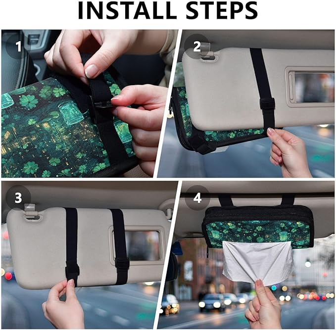 Car Tissue Holder Car Visor Organizer Tissue Box Holder for Car Sun Visor Organizer with Car Vehicle Accessories Essentials Interior for Women Men Teal Glowingmugs Clovers Lights St.Patrick