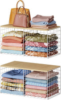 2 Pack Stackable Closet Organizers and Storage, 4 Cube Closet Shelves with Wood Top Board for Extra Clothes Storage, Small Me