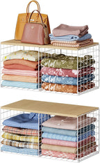 2 Pack Stackable Closet Organizers and Storage, 4 Cube Closet Shelves with Wood Top Board for Extra Clothes Storage, Small Me