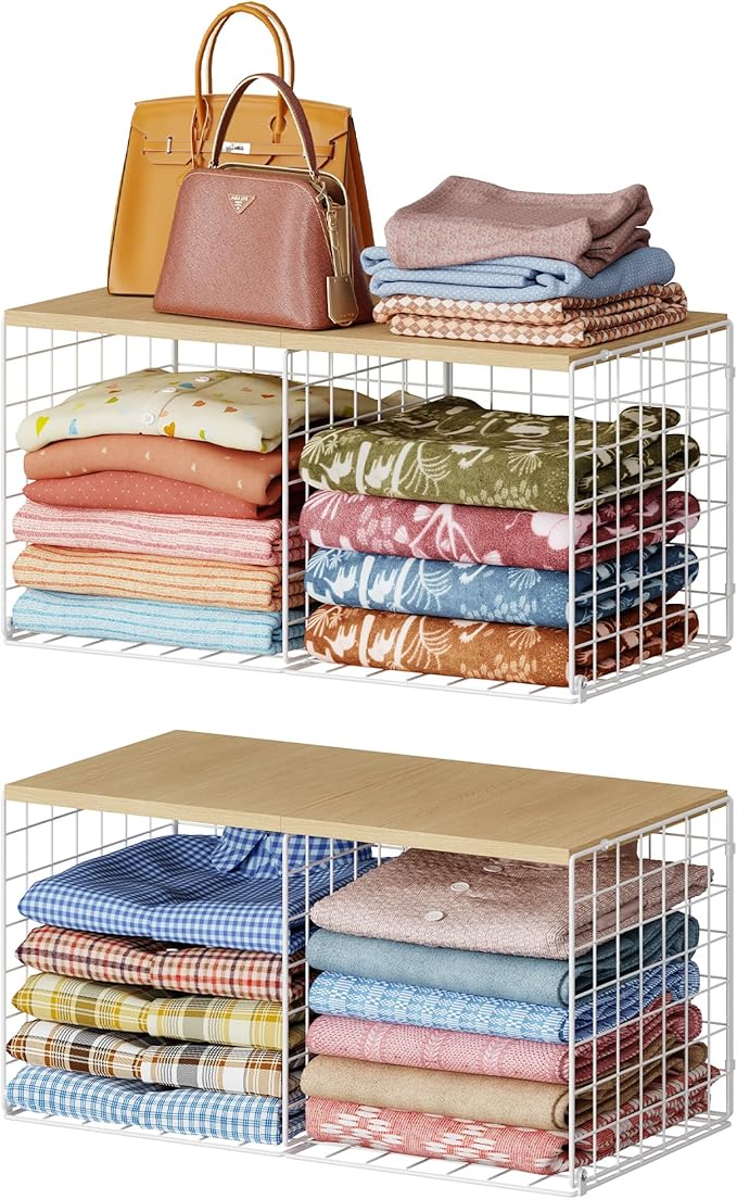 2 Pack Stackable Closet Organizers and Storage, 4 Cube Closet Shelves with Wood Top Board for Extra Clothes Storage, Small Me