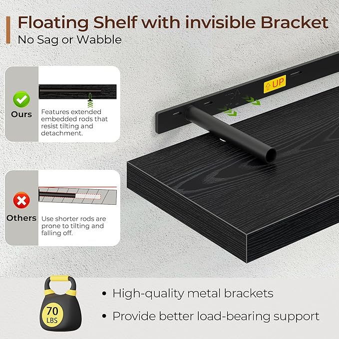 Fun Memories Floating Shelves for Wall 16 Inch Set of 3, Farmhouse Floating Shelf with Invisible Heavy Duty Bracket, 10 Inch 