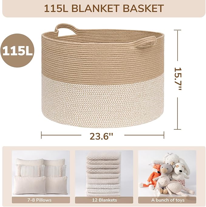 INDRESSME 115L Extra Large Woven Baskets for Storage, Wicker Basket for Living Room Decor Laundry Baskets for Blankets Clothe