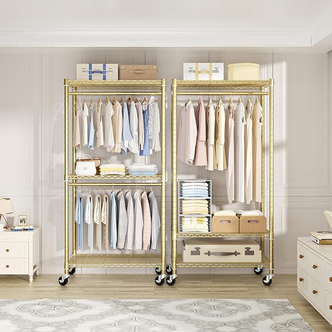 FUTASSI P1 Medium Heavy-Duty Portable Closet, 30" W x 14" D x 76" H, Metal Rolling Clothing Rack, Gold