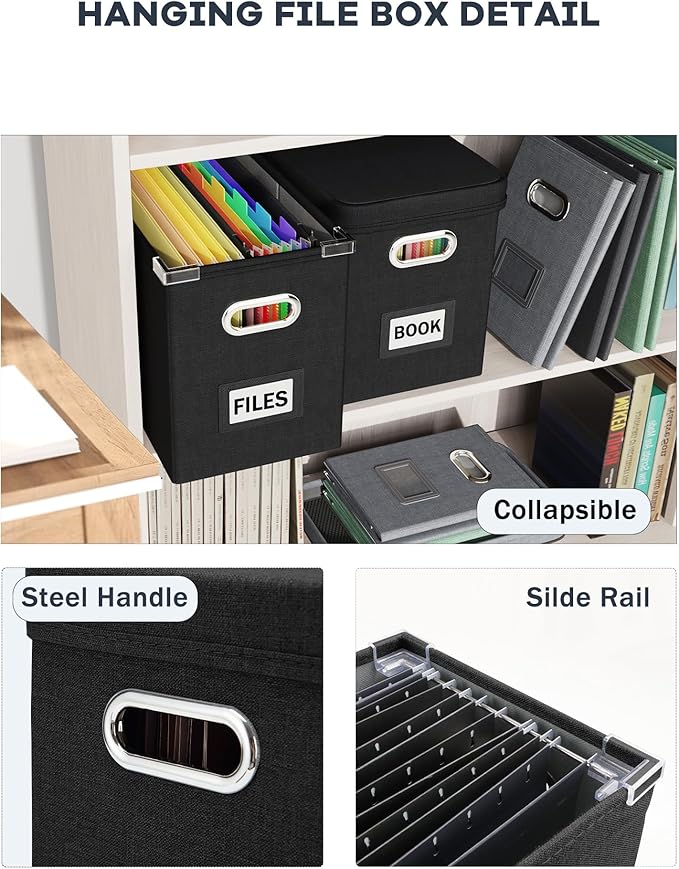 Oterri File Organizer Box with Lid, Hanging Filing File Box with Mesh Pocket, Document Organizer Box for Letter Files, Portab
