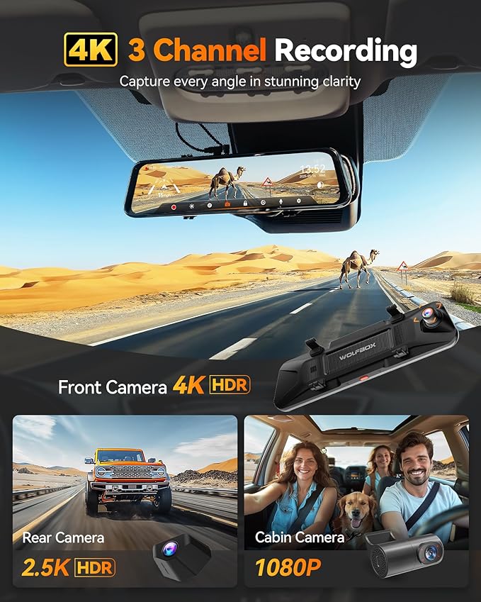 WOLFBOX G900 Tripro Cabin Version 3 Channel 4K Rear View Mirror Camera,8MP STARVIS IMX678 Night Vision,4K+1080P+2.5K Front In