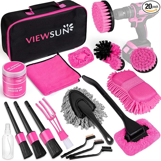 Viewsun 20PCS Car Cleaning Kit, Pink Car Interior Detailing Kit with Drill Brush Set, Windshield Cleaning Tool, Detailing Bru