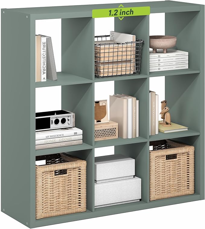 Furinno Cubicle Book Shelf, 9-Cube Bookshelf, Extra Thick Frame Reversible Bookcase with Open Back, 14.6" x 44" x 44", for Li