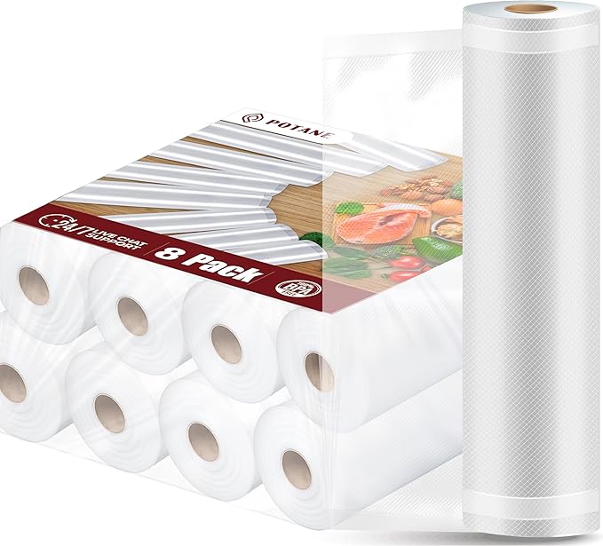 Potane 8 Pack 8"x20'(8Rolls) Thickened Vacuum Sealer Bags For Food, Textures on Both Sides, Smell-Proof, Heavy Duty for POTAN