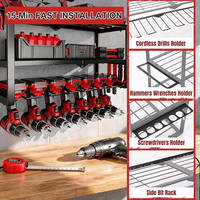 Power Tool Organizer Wall Mount, 150Lbs 3 Layer Metal Tool Storage Rack with 7 Cordless Drill Holder Heavy Duty, Battery Dril