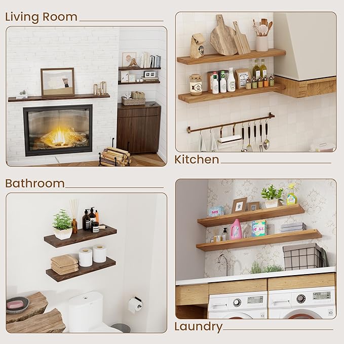 Floating Shelves for Wall Decor, 8" Deep Rustic Solid Elm Wood Floating Shelves Wall Mounted, Wall Shelves with Invisible Bra