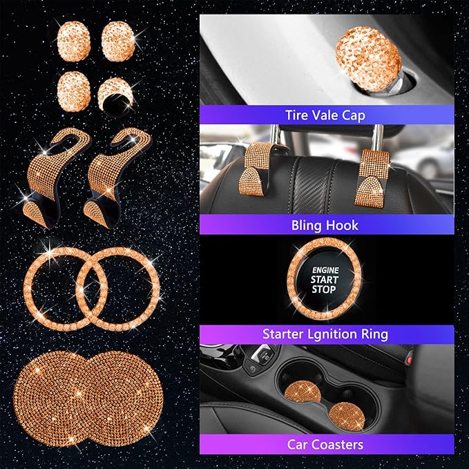 25PCS Bling Car Car Accessories Set,15 Inch Steering Wheel Cover,Shiny License Plate Frame,Center Console Cover and Rearview Mirror Set and Other Car Accessories(Orange)