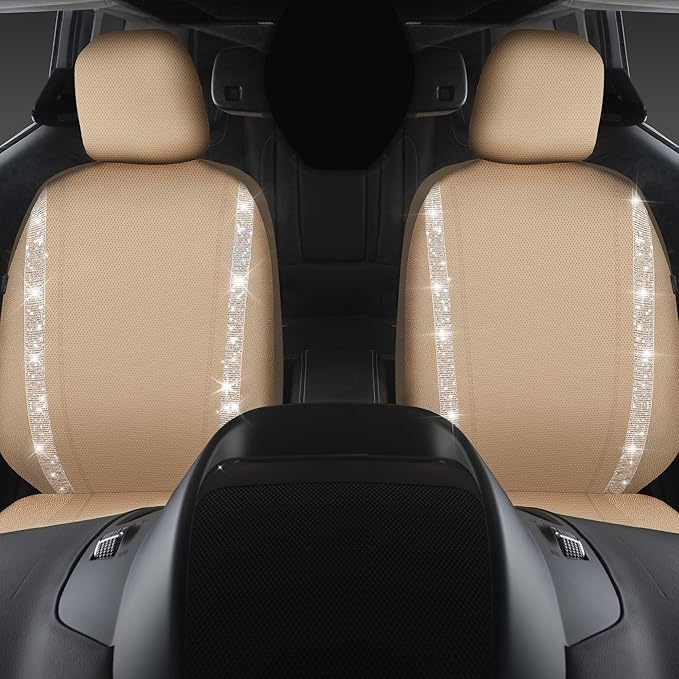 CAR PASS Leather Bling Diamond Car Seat Covers 2 Front Interior Sets, Waterproof Universal Shining Glitter Crystal Sparkle Fit for 95% Automotive Truck SUV Cute Women Girl, Beige Rhinestone