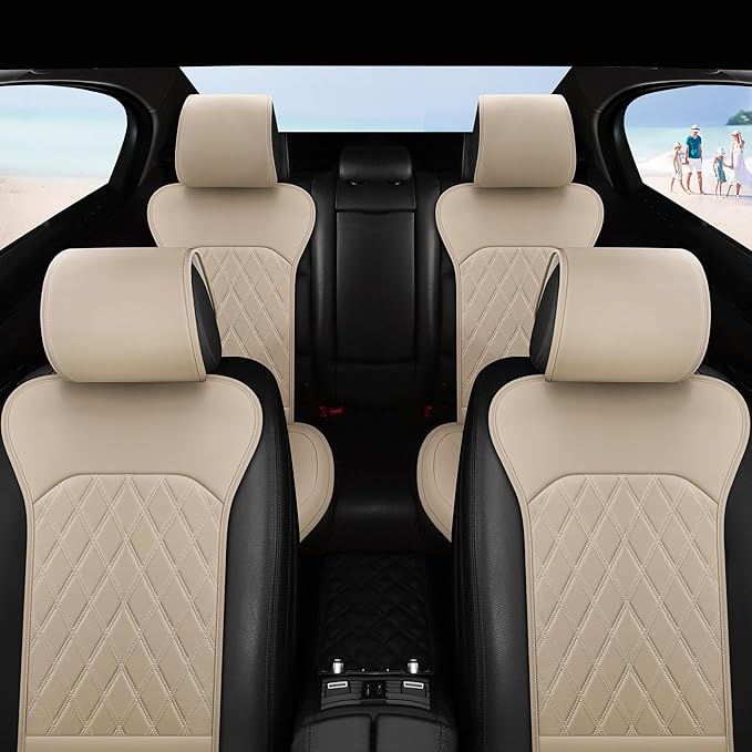 Sanwom Front Car Seat Covers - Leather Seat Covers with Storage Pocket and Two Belt Pads, Anti-Slip Waterproof Universal Seat