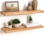 24" Rustic Elm Wood Floating Shelves, 8 Inch Deep Wall Shelves for Home Decor, Wall Mounted Floating Shelf with Invisible Bra