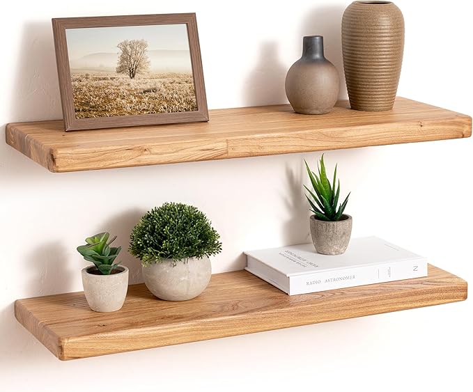 24" Rustic Elm Wood Floating Shelves, 8 Inch Deep Wall Shelves for Home Decor, Wall Mounted Floating Shelf with Invisible Bra
