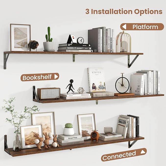 Axeman 48 Inch Floating Shelves | 8 Inch Deep Walnut Wall Shelves Set of 2 | 47.3W x 8D Rustic Wood Shelves for Bookshelf Liv
