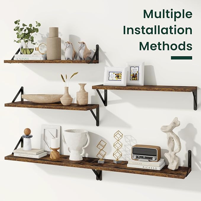 Floating Shelves, 8 Inch Deep Rustic Wood Wall Storage, 48W x 8D Wall Shelves Set of 2, Heavy Duty Metal Brackets, Industrial