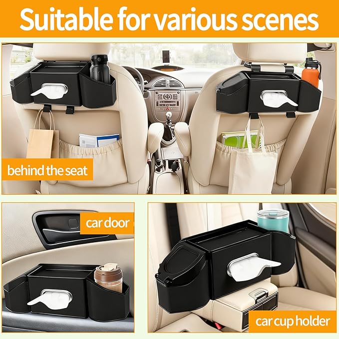 7-In-1 Multifunctional Car Seat Back Organizer with Cup Holders, Tissue Box, Garbage Can & Hooks, Headrest Storage & Cup Holder for Backseat (Black)
