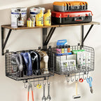 Housolution Garage Shelving Wall Mounted, Heavy-Duty Garage Wall Shelving with Baskets & Hooks Supports up to 154 LBS in Tota