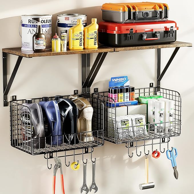 Housolution Garage Shelving Wall Mounted, Heavy-Duty Garage Wall Shelving with Baskets & Hooks Supports up to 154 LBS in Tota