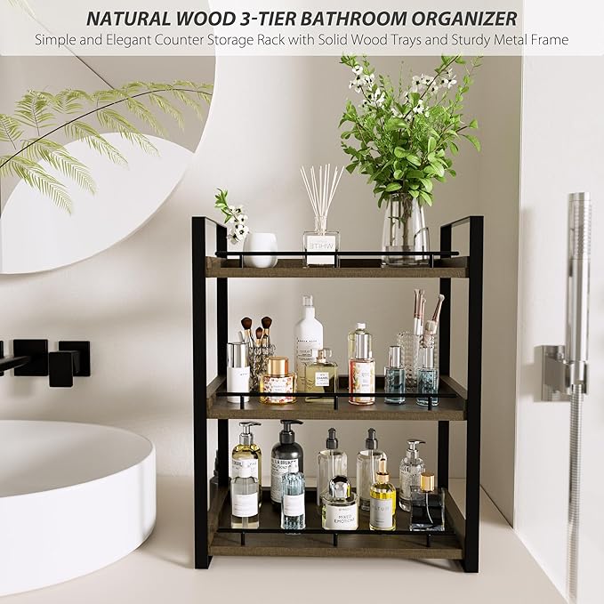 Bathroom Counter Organizer, 3 Tier Wood Countertop Shelf for Vanity, Skincare, Makeup, Kitchen Coffee and Sink Storage, with 