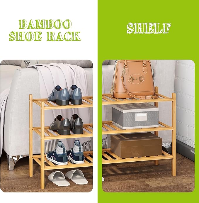 BMOSU 3-Tier Bamboo Shoe Rack Premium Stackable Shoe Shelf Storage Organizer for Hallway Closet Living Room Entryway Organize