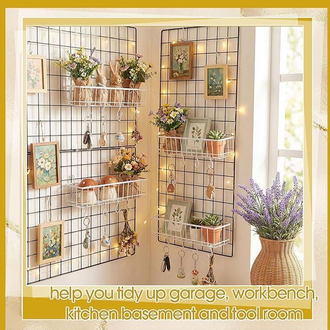 White 4 Pack Grid Wall Hanging Baskets with 16 S Hooks, 15.8 x 3.9 x 3.2 Inch Metal Wire Wall Mount Storage Baskets for Grid 
