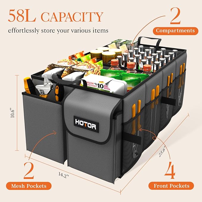 HOTOR Foldable Trunk Organizer - SUV & Sedan Compatible, Sturdy 2-Compartment Grey Car Accessory Organizer, 23.6x14.2x10.6