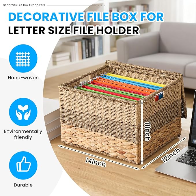 Decorative File Box 14 x 12 x 11 in Wicker Seagrass File Basket Organizer for Letter Size Hand Woven Hanging Filing Cabinet w