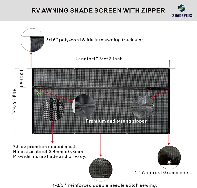 RV Awning Sun Shade Screen 8'x17'3''(Fit for 18' Awning),Black Mesh Shade Screen with Zipper,Universal Trailer Camper Awning Screen with Complete Kits,Improves Shadow and Privacy.