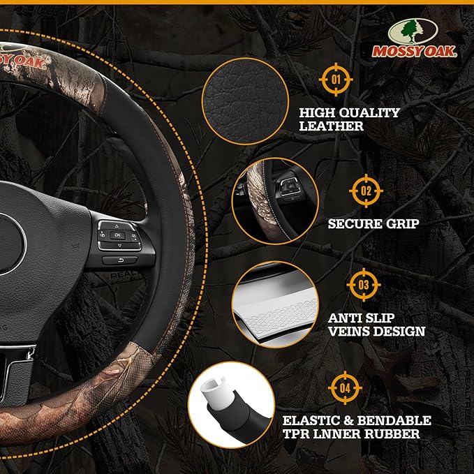 Mossy Oak Full Camo Steering Wheel Cover - Made from Premium Leather, Universal Fit for 14 1/2 to 15 inches - Official Licens