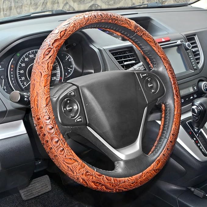 Car Steering Wheel Cover Universal 15 inch Auto Antislip Leather Protector Flower Grain Brown