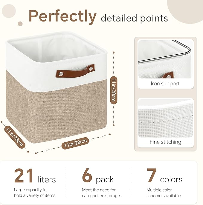FinishingBo Cube Storage Baskets 6 Pack, 11x11 inch Cube Storage Bins with Leather Handles for Shelf Closet (White/ Khaki)