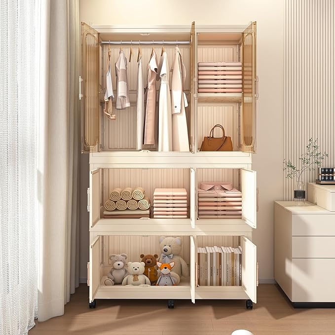 Portable Closet Wardrobe with Magnetic Doors, Foldable Armoire Wardrobe Closet with 1 Hanging Rod, 9 Cubes and 6 Hangers, Clo