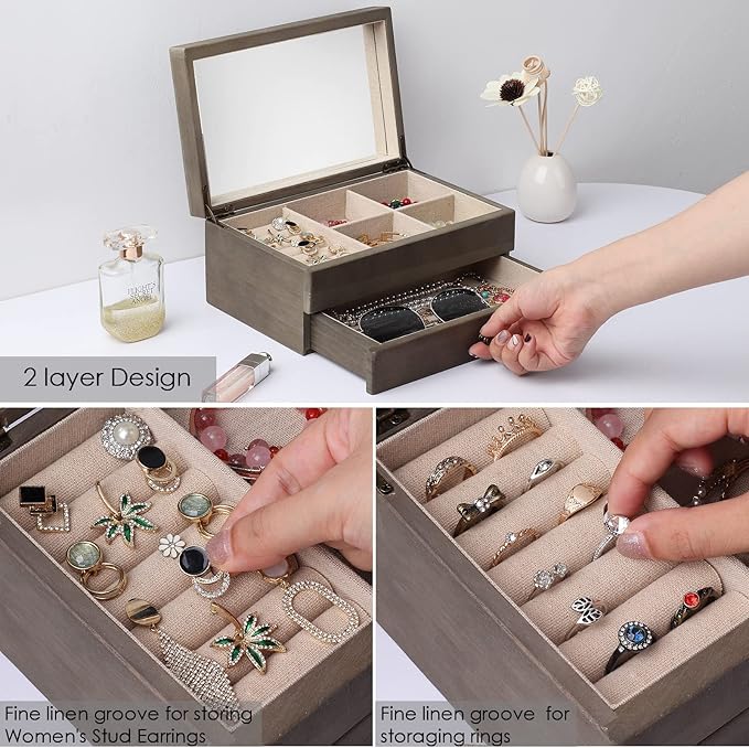 Meangood Jewelry Box Organizer for Women, 2 Layer Large Jewelry Storage Case, Rustic Wooden Jewelry Box with Mirror & Ring Tr