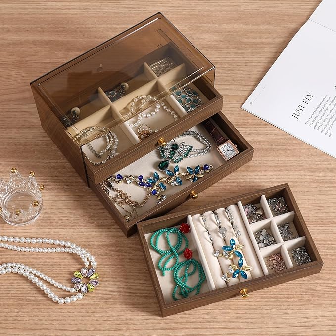CLUQMEIK 3 Layer Acrylic Case Wooden Drawer Jewelry Organizer with Velvet Lining, Jewelry Box for Women and Girls to Store Ri