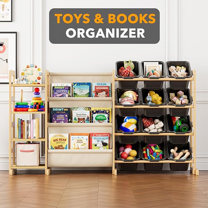 SpaceAid 3-in-1 Toy Storage Organizer with 4 Shelves and 12 Bins, Toy Organizers Storage 3-Tier Bookshelf, Kids Bin Shelf Box