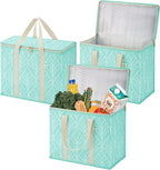 VENO 3 Pack Insulated Cooler Bag, Reusable Grocery Shopping Bag for Food Delivery, Heavy Duty, Large Size, Durable Handles, Double Zippers, Lid, Collapsible (Evergreen, 3 Pack)
